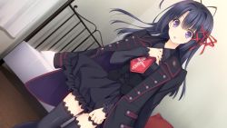 Rule 34 | 1girl, :o, antenna hair, bed, black dress, black hair, blush, dress, dutch angle, eyebrows, game cg, hand on own chest, indoors, jacket, legs, long hair, long sleeves, looking at viewer, nishimata aoi, ookura resona, otome riron to sonogo no shuuhen: belle &eacute;poque, parted lips, pillow, purple eyes, solo, standing, suzuhira hiro, thighhighs, thighs