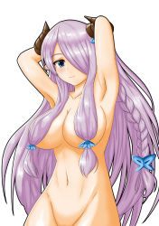 Rule 34 | 10s, 1girl, abukobato, armpits, arms behind head, arms up, blue eyes, blush, braid, breasts, cowboy shot, draph, granblue fantasy, hair censor, hair ornament, hair over breasts, hair over one eye, highres, horns, large breasts, light purple hair, long hair, looking at viewer, narmaya (granblue fantasy), navel, nude, out-of-frame censoring, pointy ears, sidelocks, single braid, smile, solo, stomach