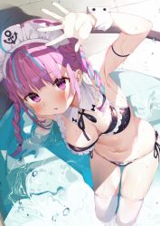 Rule 34 | 1girl, ahoge, arm strap, arm up, armpits, bare shoulders, bikini, braid, breasts, cleavage, detached collar, frilled bikini, frills, from above, gaou (umaiyo puyoman), headdress, hololive, long hair, looking at viewer, looking up, maid, maid bikini, medium breasts, minato aqua, multicolored hair, navel, neck ribbon, parted lips, purple eyes, purple hair, ribbon, side-tie bikini bottom, skindentation, solo, stomach, streaked hair, string bikini, swimsuit, thighhighs, thighs, twin braids, twintails, unconventional maid, virtual youtuber, wading pool, water, wet, white thighhighs