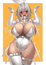 Rule 34 | 1girl, 2023, animal ears, asymmetrical legwear, breasts, collar, dark-skinned female, dark skin, elbow gloves, english text, facing viewer, fake animal ears, gloves, grey hair, highres, huge breasts, leotard, looking at viewer, o-ring, original, playboy bunny, rabbit ears, red eyes, revealing clothes, solo, thick thighs, thigh strap, thighhighs, thighs, white gloves, white leotard, white thighhighs, wide hips, yamanokami eaka