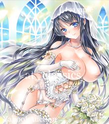 Rule 34 | 1girl, absurdres, at classics, black hair, blue eyes, blush, bouquet, breasts, bridal lingerie, bridal veil, bride, cleavage, corset, covering nipples, covering privates, cowboy shot, elbow gloves, flower, frilled thighhighs, frills, garter belt, garter straps, gloves, head tilt, highres, holding, holding bouquet, jewelry, large breasts, lingerie, long hair, looking at viewer, necklace, original, sample watermark, see-through, smile, solo, thighhighs, thighs, topless, underwear, underwear only, veil, very long hair, watermark, white thighhighs