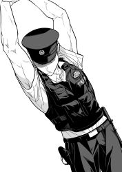 Rule 34 | 1boy, absurdres, arms up, belt, black belt, black pants, black pouch, black vest, closed mouth, collared shirt, cowboy shot, greyscale, head down, highres, kamenreon1213, male focus, monochrome, one eye closed, original, pants, police, shirt, short hair, short sleeves, simple background, stretching, toned, toned male, vest, white shirt