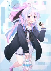 Rule 34 | 1girl, :d, ahoge, backpack, bag, black jacket, black neckerchief, black shirt, blue archive, blue hair, blush, bottle, commentary request, food, hair between eyes, hair ornament, halo, highres, holding, holding bag, holding food, jacket, long hair, long sleeves, looking at viewer, low twintails, multicolored hair, neckerchief, nishi yasuaki, onigiri, open clothes, open jacket, open mouth, pink hair, plastic bag, pleated skirt, purple eyes, reisa (blue archive), shirt, shopping bag, skirt, sleeves past wrists, smile, solo, star (symbol), star hair ornament, twintails, two-tone hair, very long hair, white skirt