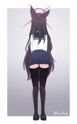 1girl ? absurdres animal_ears back black_footwear black_hair black_thighhighs blue_archive blue_sailor_collar blue_skirt border fox_ears from_behind grey_background halo highres leaning_forward long_hair long_legs red_halo sailor_collar school_uniform shirt simple_background skirt solo spoken_question_mark thighhighs twitter_username very_long_hair white_border white_shirt xenorange yukino_(blue_archive) zettai_ryouiki