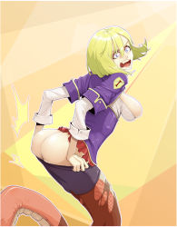 Rule 34 | 1girl, ass, blonde hair, blue eyes, breasts, clothes pull, fangs, female focus, green eyes, icti (materclaws), lamia, large breasts, leggings, materclaws, monster girl, original, pantyhose, scales, skirt, skirt pull, solo, surprised, tail, torn clothes, torn pantyhose, uniform