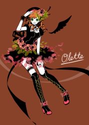Rule 34 | 1girl, ahoge, alternate costume, black hat, boots, breasts, brown background, brown hair, character name, cleavage, cross-laced footwear, dress, flower, full body, green eyes, hat, high heel boots, high heels, kingdom hearts, kingdom hearts ii, lace-up boots, legs apart, olette, sakana (endokana), solo, standing, thigh boots, thigh strap, thighhighs, wavy hair, wings