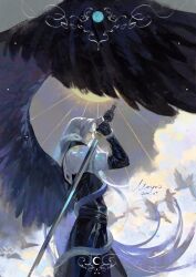 Rule 34 | 1boy, animal, animal on shoulder, armor, bird, black coat, black gloves, black wings, cloud, cloudy sky, coat, dove, facing to the side, feathered wings, final fantasy, final fantasy vii, forked tongue, gloves, green eyes, grey hair, high collar, highres, holding, holding sword, holding weapon, katana, long coat, long hair, looking to the side, male focus, moyna, pauldrons, sephiroth, shoulder armor, signature, single wing, sky, smile, snake, solo, sun, sunlight, sword, tongue, tongue out, upper body, weapon, white bird, wings