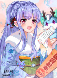 Rule 34 | 1girl, 2024, :d, alternate costume, alternate hairstyle, animal print, black bow, blue butterfly, blue hair, blue kimono, blush, bow, braid, bug, butterfly, butterfly print, chinese zodiac, commentary, company name, crown braid, dated, dragon horns, eyelashes, fake horns, floral print, fox, fur-trimmed kimono, fur trim, green sash, hair between eyes, hair bow, hair ornament, hand up, happy, happy new year, horns, inari (summer pockets), insect, japanese clothes, key season, kimono, long hair, long sleeves, looking at viewer, new year, open mouth, pink background, ponytail, red eyes, ringed eyes, sash, sidelocks, simple background, smile, solo, sorakado ao, summer pockets, tassel, tassel hair ornament, translation request, upper body, very long hair, wide sleeves, year of the dragon