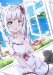 Rule 34 | 1girl, animal, animal ear fluff, animal ears, between legs, bird, black cat, blue eyes, blurry, blurry background, blush, bow, building, cat, cat ears, clothing cutout, collarbone, day, depth of field, dress, dutch angle, fang, hair bow, hand between legs, heterochromia, highres, horizon, indoors, keiran (ryo170), long hair, looking at viewer, moe2020, ocean, open mouth, open window, original, pleated dress, red bow, sailor collar, sailor dress, short sleeves, shoulder cutout, silver hair, solo, twintails, white dress, white sailor collar, window, yellow eyes