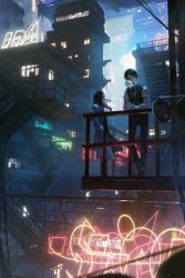 Rule 34 | 1boy, 1girl, android, betty (va-11 hall-a), building, city, city lights, cityscape, commentary request, cyberpunk, deal (va-11 hall-a), highres, lab coat, long hair, neon lights, night, ozaki (sn ozk), road sign, short hair, sign, stairs, va-11 hall-a