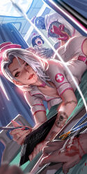 Rule 34 | 2girls, arm tattoo, ashe (overwatch), ass, belt, blood, blood on face, blood on hands, character request, commentary, dress, dutch angle, earrings, english commentary, hat, highres, holding, holding pen, indoors, infirmary, jewelry, liang xing, looking at viewer, lying, mole, mole above mouth, multiple girls, nurse, nurse cap, on stomach, overwatch, parted lips, patreon username, pen, pink belt, pink headwear, red eyes, short hair, solo focus, tattoo, watermark, web address, white dress, white hair