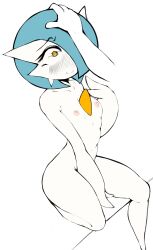 Rule 34 | 1girl, absurdres, between legs, blue hair, blush, bob cut, bright pupils, closed mouth, collarbone, colored skin, completely nude, constricted pupils, creatures (company), disembodied limb, female focus, fir3born, flat chest, flat color, full body, game freak, gardevoir, gen 3 pokemon, hair over one eye, hand between legs, hand on another&#039;s head, hand up, happy, headpat, heart, heart-shaped pupils, highres, looking up, navel, nintendo, nipples, nose blush, nude, one eye covered, orange eyes, pokemon, pokemon (creature), raised eyebrows, short hair, simple background, sitting, sketch, smile, solo focus, split mouth, symbol-shaped pupils, thighs, white background, white pupils, white skin, white theme, wide-eyed