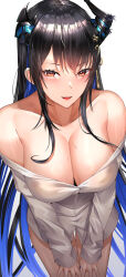 Rule 34 | 1girl, absurdres, asymmetrical horns, bare shoulders, black hair, blue hair, breasts, cleavage, collarbone, colored inner hair, demon horns, hair between eyes, hair ornament, highres, hololive, hololive english, horns, large breasts, long hair, looking at viewer, misa pika, mole, mole under eye, multicolored hair, naked shirt, nerissa ravencroft, open mouth, red eyes, shirt, smile, solo, two-tone hair, uneven horns, virtual youtuber, white background, white shirt