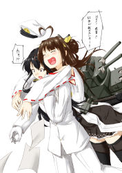 Rule 34 | 10s, 2girls, :d, ^ ^, ahoge, black legwear, boots, brown hair, detached sleeves, dropping, closed eyes, female admiral (kancolle), frilled skirt, frills, glomp, gloves, hat, unworn hat, unworn headwear, heart, heart ahoge, heart hair, heart in mouth, highres, hug, hug from behind, kantai collection, kongou (kancolle), military, military uniform, multiple girls, naval uniform, niwatazumi, nontraditional miko, open mouth, paper, peaked cap, pleated skirt, ribbon-trimmed sleeves, ribbon trim, skirt, smile, surprised, tatebayashi sakurako, thigh boots, thighhighs, translated, uniform, white gloves, zettai ryouiki