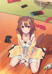 Rule 34 | 1girl, :3, animal ears, bone hair ornament, bottle, breasts, brown eyes, brown hair, cleavage, closed mouth, collar, collarbone, commentary, controller, dog ears, dog girl, dog tail, full body, hair between eyes, hair ornament, hairclip, handheld game console, highres, hololive, inugami korone, inugami korone (1st costume), looking at viewer, medium breasts, nintendo switch, nintendo switch pro controller, red legwear, ribbon, sitting, smile, unworn socks, solo, table, tail, virtual youtuber, wariza, water bottle, wooden floor