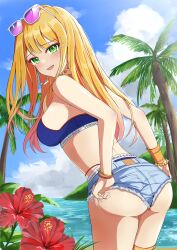 1girl :d absurdres ass bikini bikini_under_shorts blonde_hair blue_bikini blue_sky blush bracelet breasts cloud cutoff_jeans cutoffs eyewear_on_head flower gakuen_idolmaster green_eyes hair_ornament hairclip highres idolmaster jewelry kimi_to_semi_blue_(idolmaster) long_hair looking_at_viewer looking_back medium_breasts misakura_aoi ocean open_mouth outdoors palm_tree shiun_sumika shorts sky smile solo sunglasses swimsuit thigh_strap tree