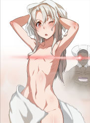 Rule 34 | 1boy, 1girl, armpits, heracles (fate), blush, convenient censoring, copyright request, cosplay, dark skin, fate/kaleid liner prisma illya, fate/stay night, fate (series), flat chest, glowing, glowing eye, groin, hip focus, illyasviel von einzbern, kurowa, leysritt (fate), leysritt (fate) (cosplay), long hair, navel, nude, one eye closed, open mouth, red eyes, solo focus, towel, towel on head, white hair, white towel