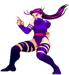 Rule 34 | 1girl, animated, animated gif, belt, boots, bouncing breasts, breasts, capcom, elbow gloves, covered erect nipples, fighting stance, fingerless gloves, gloves, large breasts, leotard, long hair, lowres, marvel, marvel vs. capcom, pixel art, psylocke, purple hair, solo, thigh boots, thighhighs, x-men
