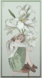 Rule 34 | 1girl, absurdres, commentary, english text, fetal position, flower, green skirt, grey eyes, highres, huge filesize, korean commentary, lily (flower), looking to the side, mile (mil2), original, school uniform, skirt, uniform, white hair