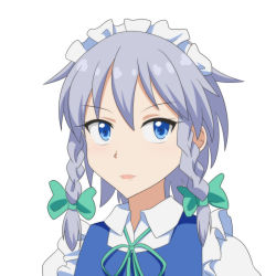 Rule 34 | 1girl, blue eyes, bow, braid, cato (monocatienus), commentary request, green bow, green ribbon, hair between eyes, hair bow, izayoi sakuya, looking at viewer, maid, maid headdress, neck ribbon, parted lips, portrait, ribbon, shirt, short hair, silver hair, simple background, solo, touhou, twin braids, white background, white shirt