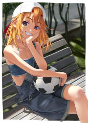 Rule 34 | 1girl, :d, backwards hat, ball, bare arms, bare shoulders, baseball cap, bench, blonde hair, border, brown eyes, collarbone, crossed legs, day, feet out of frame, grin, hand on own cheek, hand on own face, hat, highres, idolmaster, idolmaster cinderella girls, long hair, looking at viewer, nekopuchi, open mouth, outdoors, outside border, overalls, park bench, parted lips, sitting, smile, soccer ball, solo, sports bra, white border, white hat, yuuki haru