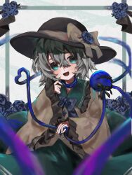 Rule 34 | 1girl, black hat, blue bow, blue bowtie, blue flower, blue rose, bow, bowtie, buttons, commentary, diamond button, eyeball, flower, frilled shirt collar, frilled sleeves, frills, green eyes, green hair, green skirt, hat, hat bow, hat flower, heart, heart of string, highres, komeiji koishi, long sleeves, looking at viewer, miyuf 1, open mouth, rose, shirt, short hair, skirt, smile, solo, third eye, touhou, wide sleeves, yellow bow, yellow shirt