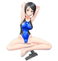 Rule 34 | 1girl, absurdres, armpits, arms behind head, barefoot, black eyes, black hair, blue one-piece swimsuit, breasts, chouno ami, commentary request, competition swimsuit, feet, girls und panzer, gun, handgun, highres, indian style, looking at viewer, medium breasts, multicolored clothes, multicolored swimsuit, one-piece swimsuit, presenting armpit, short hair, sig p220/p226, sig sauer, simple background, sitting, solo, swept bangs, swimsuit, takafumi, toes, turtleneck, variant set, weapon, white background