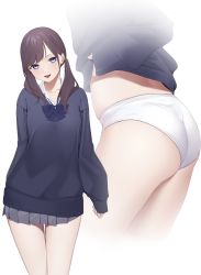 Rule 34 | 1girl, ass, ass focus, black sweater, blue bow, blue eyes, blue neckwear, bow, brown hair, clothes lift, collarbone, commentary request, cropped legs, from side, hair over shoulder, highres, kuen (kuennn12), long hair, long sleeves, looking at viewer, miniskirt, multiple views, no pants, open mouth, original, panties, pleated skirt, purple eyes, shirt, simple background, skirt, sleeves past wrists, smile, standing, sweater, sweater lift, thighs, underwear, white background, white panties, white shirt