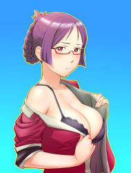 Rule 34 | 10s, 1girl, bare shoulders, black bra, blouse, blue background, blush, bra, braid, breasts, cleavage, folded ponytail, glasses, grey background, large breasts, open clothes, open shirt, outline, purple hair, red eyes, ridget (suisei no gargantia), shirt, simple background, solo, suisei no gargantia, ueyama michirou, underwear, undressing