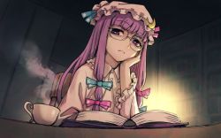 Rule 34 | 1girl, book, chair, head rest, cup, glasses, hair ribbon, hat, long hair, looking at viewer, meimaru inuchiyo, mob cap, nightgown, patchouli knowledge, purple eyes, purple hair, ribbon, solo, table, touhou