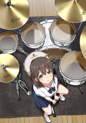 Rule 34 | 1girl, absurdres, bare legs, blue bow, blue bowtie, blush, bow, bowtie, brown hair, copyright request, drum, drum set, drumsticks, female focus, from above, full body, green eyes, highres, indoors, instant (ioarthus), instrument, looking at viewer, open mouth, pleated skirt, school uniform, shoes, short sleeves, sitting, skirt, solo, spread legs, sweat, sweatdrop, thighs, uwabaki, wooden floor