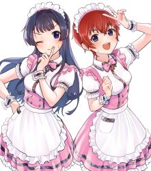 Rule 34 | 2girls, alternate costume, apron, black hair, blue eyes, blush, bow, bowtie, buttons, clenched hand, commentary request, d/zeal (idolmaster), dot nose, dress, enmaided, finger in own mouth, frilled dress, frilled sleeves, frills, hand on own hip, hand up, highres, idolmaster, idolmaster million live!, idolmaster million live! theater days, index finger raised, julia (idolmaster), long hair, looking at viewer, maid, maid apron, maid headdress, mogami shizuka, multiple girls, one eye closed, open mouth, pink bow, pink bowtie, pink dress, pomikoroonigiri, pretty waitress (idolmaster), puffy short sleeves, puffy sleeves, red hair, shirt, short hair, short sleeves, smile, sweat, teeth, upper teeth only, v, waist apron, white background, white shirt, wing collar, wrist cuffs