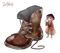 Rule 34 | 1girl, :&lt;, :3, barefoot, bird, boots, bowl, brown footwear, cross-laced footwear, dated, full body, japanese clothes, kimono, kukkuru, lace-up boots, long sleeves, mini person, minigirl, purple hair, short hair, simple background, solo, sukuna shinmyoumaru, touhou, white background, wide sleeves, | |