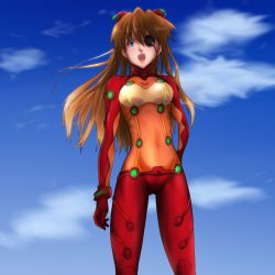 Rule 34 | &gt;:o, 00s, 1girl, :o, angry, blue eyes, blush, bodysuit, bra, bracer, brown hair, cloud, covered navel, cowboy shot, day, evangelion: 2.0 you can (not) advance, eyepatch, gloves, hair between eyes, hair ornament, hand on own hip, highres, jpeg artifacts, lingerie, long hair, looking at viewer, midriff, multicolored clothes, neon genesis evangelion, open mouth, orange hair, outdoors, plugsuit, rebuild of evangelion, shouting, skinny, sky, solo, souryuu asuka langley, standing, test plugsuit, underwear, v-shaped eyebrows