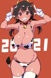 Rule 34 | 1girl, 2021, animal ears, animal print, bell, bikini, black choker, black hair, breasts, buta-don, cassis (buta-don), chinese zodiac, choker, cleavage, clenched teeth, commentary, cow ears, cow girl, cow horns, cow print, cow print bikini, cow tail, cowboy shot, dark-skinned female, dark skin, gloves, grin, groin, highres, hip bones, horns, horns pose, large breasts, long hair, looking at viewer, low twintails, navel, neck bell, new year, original, print bikini, print thighhighs, red background, red eyes, simple background, skindentation, smile, solo, standing, string bikini, swimsuit, tail, teeth, text background, thighhighs, twintails, white bikini, white gloves, white thighhighs, year of the ox