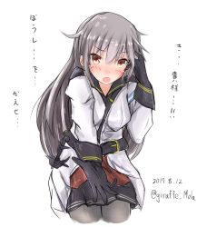 Rule 34 | 10s, 1girl, belt, black gloves, blush, breasts, dated, facial scar, gangut (kancolle), giraffe (ilconte), gloves, grey hair, highres, jacket, kantai collection, large breasts, long hair, long sleeves, looking at viewer, military, military jacket, military uniform, miniskirt, open mouth, pantyhose, red eyes, red shirt, scar, scar on cheek, scar on face, shirt, skirt, solo, uniform, white background