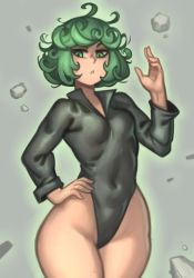 Rule 34 | 1girl, :o, absurdres, adapted costume, aura, bare legs, black leotard, bob cut, breasts, commentary, cowboy shot, curly hair, curvy, floating, green eyes, green hair, grey background, groin, high collar, highleg, highleg leotard, highres, kelvin hiu, leotard, levitation, long sleeves, looking at viewer, looking to the side, medium hair, messy hair, navel, one-punch man, open mouth, rock, simple background, small breasts, solo, tatsumaki, telekinesis, wide hips