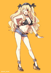 Rule 34 | 1girl, anne bonny (fate), anne bonny (fate/grand order), anne bonny (swimsuit archer) (fate), anne bonny (swimsuit archer) (first ascension) (fate), blonde hair, breasts, cleavage, collarbone, denim, denim shorts, fate (series), full body, hat, high heels, izumi minami, large breasts, navel, one eye closed, open mouth, pirate hat, shorts, simple background, smile, solo, twintails, yellow background