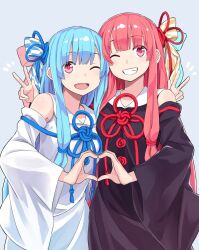 Rule 34 | 2girls, arm around shoulder, blue hair, blue ribbon, collared dress, commentary, cowboy shot, detached sleeves, dress, english commentary, flower knot, grey background, grin, hair ribbon, heart, heart hands, heart hands duo, highres, kotonoha akane, kotonoha aoi, long hair, looking at viewer, low-tied sidelocks, multiple girls, notice lines, one eye closed, open mouth, pink hair, red eyes, red ribbon, ribbon, siblings, side-by-side, sidelocks, simple background, sisters, sleeveless, sleeveless dress, smile, toromera, voiceroid, w