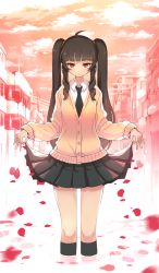 Rule 34 | 1girl, ahoge, armcho, bad id, bad pixiv id, black necktie, black socks, brown hair, buttons, cardigan, cityscape, clothes lift, cloud, drill hair, kneehighs, long sleeves, looking at viewer, necktie, original, outdoors, petals, pleated skirt, red eyes, school uniform, shirt, skirt, skirt lift, sky, socks, solo, standing, twin drills, twintails, water, white shirt