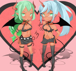Rule 34 | 10s, 2girls, belt, blue hair, breasts, cleavage, cleavage cutout, clothing cutout, demon girl, glasses, green eyes, green hair, hand on own hip, heart, high heels, hip focus, horns, kneesocks (psg), long hair, multiple girls, open mouth, panty &amp; stocking with garterbelt, ponytail, scanty (psg), shoes, siblings, simple background, sisters, skirt, smile, tail, thighhighs, very long hair, wings, zettai ryouiki