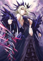 Rule 34 | 1girl, armor, artoria pendragon (fate), artoria pendragon (lancer alter) (fate), aura, bare shoulders, black nails, blonde hair, braid, breasts, center opening, cleavage, clenched hand, cloud, cloudy sky, crown braid, dark persona, dress, earrings, expressionless, fate/grand order, fate (series), floating hair, glint, hair between eyes, highres, holding, holding weapon, horns, jewelry, lace, lace-trimmed dress, lace trim, large breasts, lightning, long hair, looking at viewer, nail polish, navel, outdoors, purple dress, rhongomyniad (fate), sakiyamama, serious, sidelocks, signature, sky, solo, thighhighs, tsurime, underboob, weapon, yellow eyes