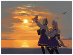 Rule 34 | 2girls, animal ears, arms up, bird, black legwear, blunt bangs, blush, border, bow, bowtie, character doll, cloud, cloudy sky, crossed arms, doll, ear bow, feet out of frame, frilled skirt, frills, gold ship (umamusume), grey hair, highres, holding, holding doll, horse ears, horse girl, horse tail, horseshoe ornament, long hair, long sleeves, mejiro mcqueen (umamusume), multiple girls, open mouth, pillbox hat, pleated skirt, purple eyes, purple hair, purple shirt, purple skirt, red eyes, rosette (roze-ko), sailor collar, sailor shirt, school uniform, shirt, skirt, sky, smile, sunset, tail, thighhighs, tracen school uniform, umamusume, walking, water, white border, white bow, white neckwear, winter uniform