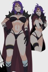 Rule 34 | 1girl, black gloves, breasts, cape, circlet, crystal earrings, earrings, gloves, hand on own hip, highres, jewelry, lips, medium breasts, naga the serpent, necklace, nkomatas, one eye closed, purple hair, revealing clothes, shoulder spikes, simple background, skull necklace, slayers, smile, solo, spikes, thighlet, thong, white background