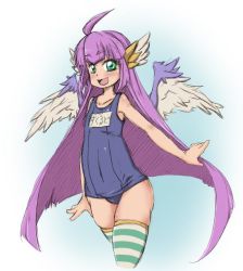 Rule 34 | 1girl, ahoge, bad id, bad pixiv id, blush, character request, flat chest, green eyes, head wings, long hair, one-piece swimsuit, pink hair, school swimsuit, smile, solo, striped clothes, striped thighhighs, swimsuit, thighhighs, very long hair, warumono tomii, wings