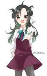 Rule 34 | 1girl, ahoge, black hair, blue ribbon, commentary request, cowboy shot, double bun, dress, forehead, gradient sky, green hair, grey pantyhose, hair bun, halterneck, highres, kantai collection, long hair, looking at viewer, makinami (kancolle), multicolored hair, neck ribbon, one-hour drawing challenge, pantyhose, pleated dress, ribbon, shiratsuki azu, shirt, simple background, sky, smile, solo, standing, white background, white shirt