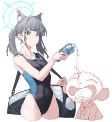 Rule 34 | 1boy, 1girl, ^ ^, animal ear fluff, animal ears, aqua eyes, bag, black one-piece swimsuit, blue archive, bottle, breasts, cat ears, closed eyes, closed mouth, collarbone, competition swimsuit, covered navel, cowboy shot, cropped legs, drinking, duffel bag, earrings, grey hair, groin, hair ornament, hairclip, highleg, highleg swimsuit, highres, holding, holding bag, holding bottle, jewelry, looking at another, medium breasts, one-piece swimsuit, open mouth, partially colored, pouring onto another, shiroko (blue archive), short twintails, simple background, stud earrings, swimsuit, twintails, water, water bottle, white background, zu-m (zumcunix)