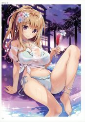 Rule 34 | 1girl, absurdres, arm support, artist name, bare shoulders, barefoot, bikini, breasts, brown hair, closed mouth, cup, drinking glass, feet, flower, hair ornament, highres, holding, huge filesize, jewelry, large breasts, looking at viewer, navel, necklace, night, night sky, oryo (oryo04), palm tree, ponytail, poolside, purple eyes, scan, see-through, side-tie bikini bottom, sky, smile, solo, swimsuit, toranoana, tree, wet, wet clothes