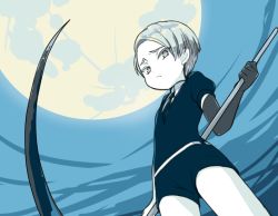 Rule 34 | 1other, amimi, androgynous, cairngorm (houseki no kuni), colored eyelashes, full moon, gem uniform (houseki no kuni), grey eyes, grey hair, houseki no kuni, looking at viewer, moon, necktie, night, pout, scythe, short hair, sky, solo, weapon