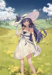 Rule 34 | 1girl, aliceblue, bare legs, bare shoulders, blue eyes, blue hair, blue sky, braid, choker, cloud, collarbone, commentary request, day, dress, falling leaves, fu hua, gloves, grass, hand on headwear, hat, highres, honkai (series), honkai impact 3rd, leaf, long hair, looking at viewer, outdoors, plain, see-through, see-through silhouette, signature, sky, sleeveless, sleeveless dress, smile, solo, spaghetti strap, standing, sun hat, sundress, thighs, very long hair, white choker, white dress, white gloves, white hat